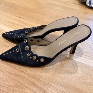 Black Pointed Toe Grommet Mule Heels
